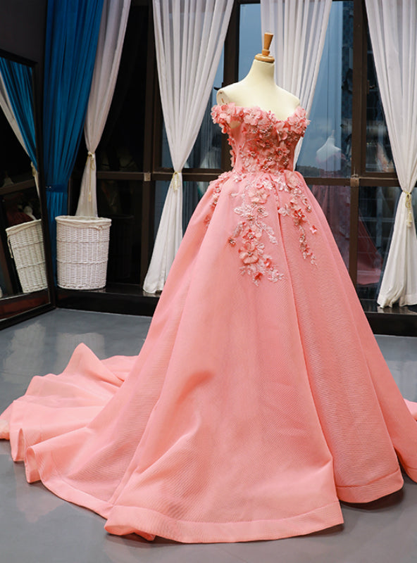 Pink Ball Gown Tulle Off the Shoulder Appliques Prom Dress With Train