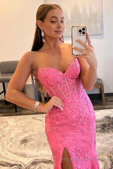 Pink Corset Sweetheart Long Lace Prom Dress with Slit