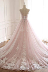 Pink Elegant Tulle V-neckline Straps Party Dress with Lace Pink Sweet 16 Dress prom dresses shops