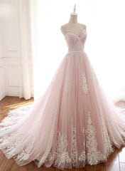 Pink Elegant Tulle V-neckline Straps Party Dress with Lace Pink Sweet 16 Dress prom dresses shops