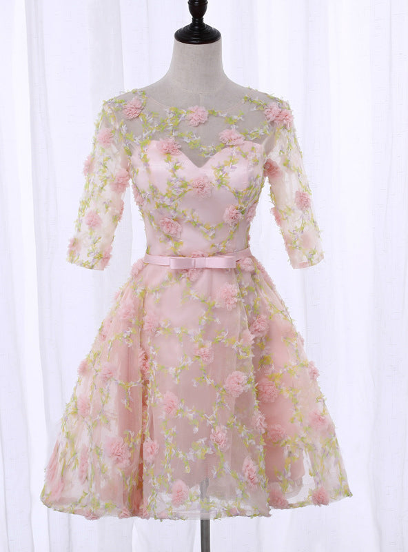 Pink Half Sleeve Flower Homecoming Dress