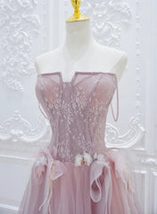 Pink Lace and Tulle A-line Prom Dress with Flowers, Pink Tulle Party Dress