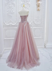 Pink Lace and Tulle A-line Prom Dress with Flowers, Pink Tulle Party Dress