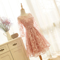 Pink Long Sleeves Lace Wedding Party Dress, Charming Party Dress