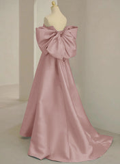 Pink Off Shoulder Satin Long Simple Party Dress, Pink Satin Evening Dress