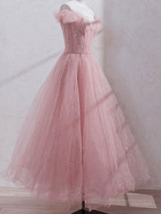 Pink off shoulder tulle sequin long prom dress, pink formal dress