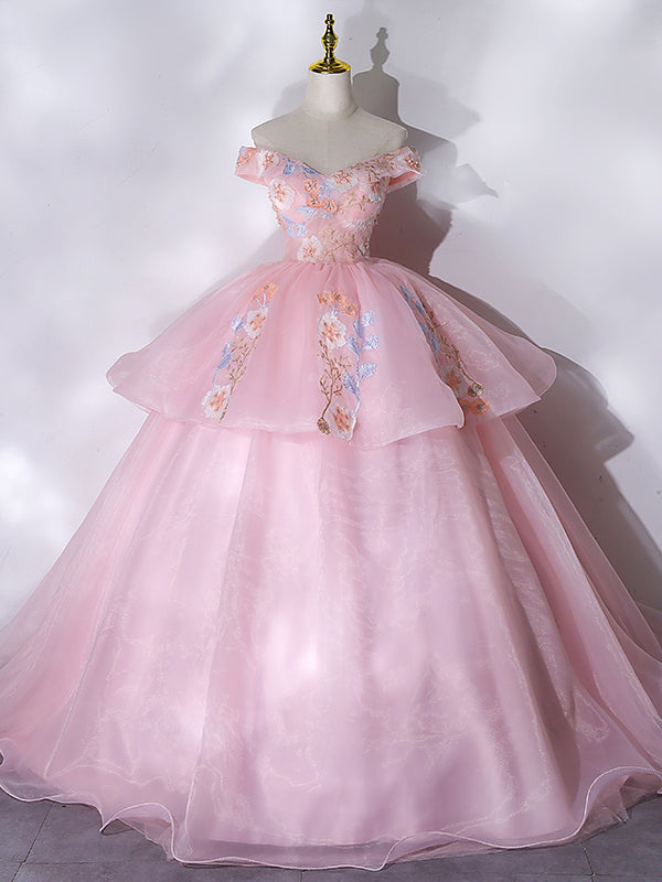 Pink Organza Off the Shoulder Embroidery Beading Quinceanera Dress