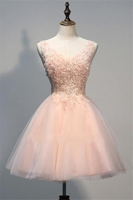 Pink Prom Dresses Evening Dresses Short With Lace Appliques A Line Tulle Evening Wear