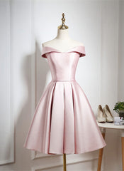 Pink Satin Knee Length Homecoming Dress, Off the Shoulder Homecoming Dress