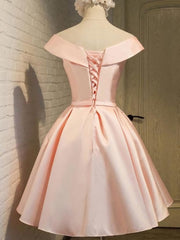 Pink Satin Knee Length Party Dress , Homecoming Dress