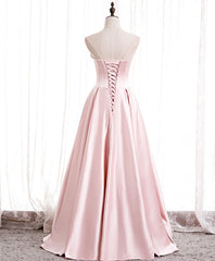 Pink Satin Long Party Dress with Pearls, Floor Length Party Dres Wedding Party Dress