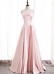 Pink Satin Long Party Dress with Pearls, Floor Length Party Dres Wedding Party Dress