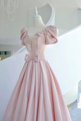 Pink Satin Long Prom Dress, A-Line Evening Dress with Bow