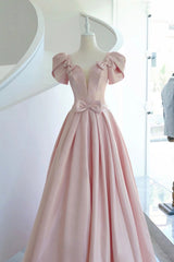 Pink Satin Long Prom Dress, A-Line Evening Dress with Bow