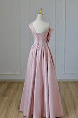 Pink Satin Long Prom Dress with Bow, One Shoulder Formal Evening Dress