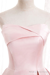 Pink Satin Long Prom Dress with Pearls, Pink Strapless Evening Dress