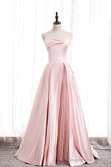 Pink Satin Long Prom Dress with Pearls, Pink Strapless Evening Dress