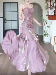 Pink Satin Mermaid Straps Long Formal Dress, Pink Floor Length Prom Dress