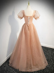 Pink Short Sleeves Tulle Party Dress, A-line Flower Lace Prom Dress