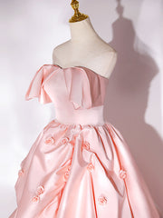 Pink Sweep Train Satin Long Prom Dress, Pink Formal Evening Dresses