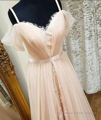 Pink sweetheart neck tulle long prom dress, pink evening dress