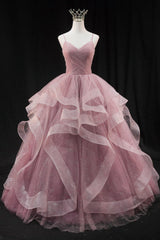 Pink Sweetheart Tulle Long Evening Dress Prom Dress, Pink Sweet 16 Gown