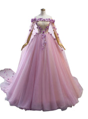 Pink Tulle Ball Gown Flowers Long Sweet 16 Dress, Pink Tulle Formal Dress