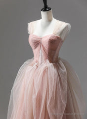 Pink Tulle Beaded Long Party Dress Prom Dress, Pink Floor Length Formal Dress