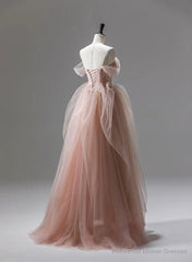 Pink Tulle Beaded Long Party Dress Prom Dress, Pink Floor Length Formal Dress