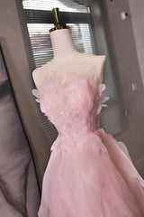 Pink Tulle Beaded Low Back Short Party Dress, Pink Tulle Homecoming Dress