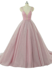 Pink Tulle Deep V-neck Sleeveless Backless Wedding Dresses