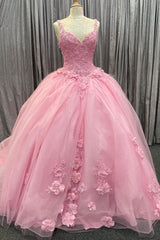 Pink Tulle Floral Appliques Sweetheart Lace-Up Quinceanera Dress