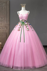 Pink Tulle Flower Long Prom Dresses, Cute Spaghetti Sweet 16 Dresses