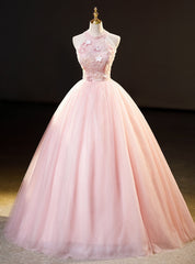 Pink Tulle Halter Flower Beading Quinceanera Dress