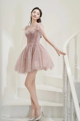 Pink Tulle Knee Length Prom Dress, Cute A-Line Party Dress