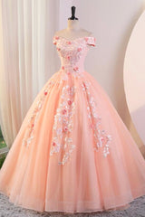 Pink Tulle Lace and Flowers Ball Gown Formal Dresses, Pink Long Sweet 16 Dresses