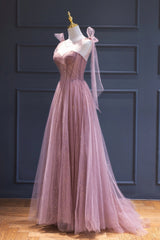 Pink Tulle Long A-Line Prom Dress, Pink Evening Dress with Corset