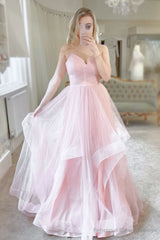 Pink Tulle Long A-Line Prom Dress Pink V-Neck Graduation Dress