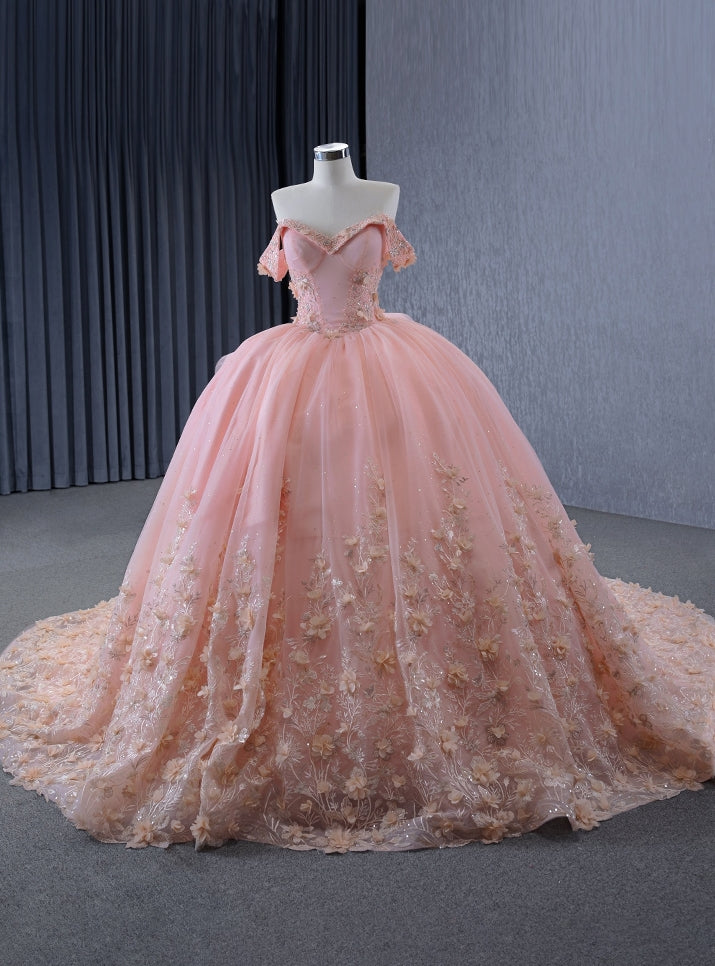 Pink Tulle Off the Shoulder 3D Flower Prom Dress