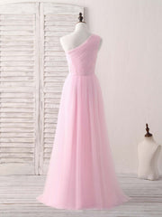 Pink Tulle One Shoulder Long Prom Dress Pink Bridesmaid Dress