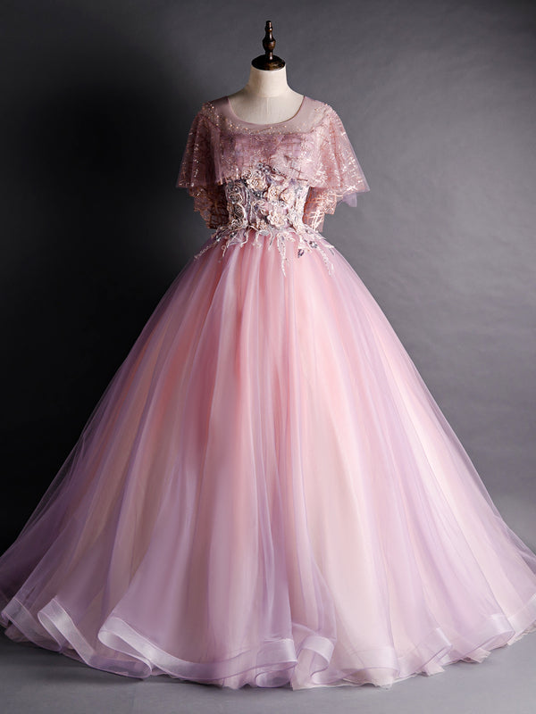 Pink Tulle Sequins 3D Appliques Pearls Quinceanera Dress