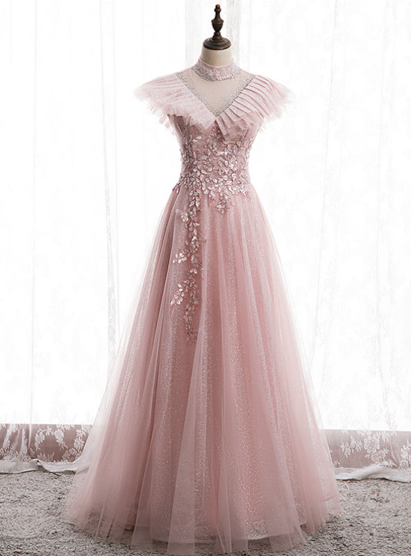 Pink Tulle Sequins High Neck Backless Appliques Prom Dress