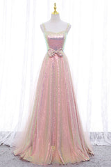 Pink Tulle Sequins Long Prom Dress, Cute Short Sleeve Evening Dress