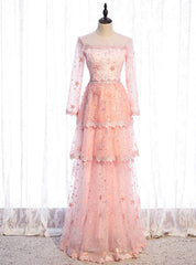 Pink Tulle Sequins Long Sleeve Tiers Prom Dress