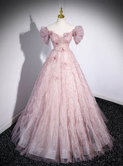 Pink Tulle Sequins Off the Shoulder Beading Flower Prom Dress