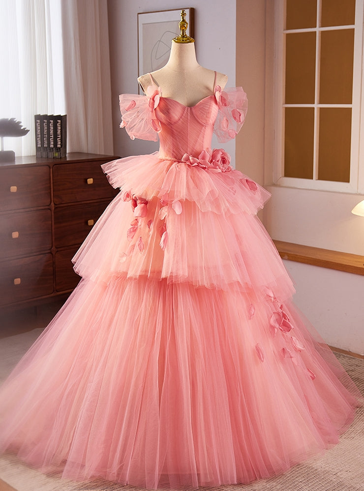 Pink Tulle Spaghetti Straps Pleats Flower Prom Dress