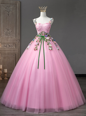 Pink Tulle Straps Flower Appliques Quinceanera Dress