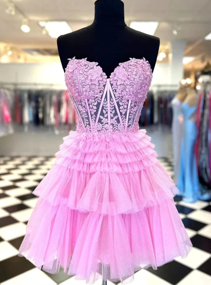 Pink Tulle Sweetheart Appliques Tiers Homecoming Dress