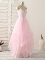 Pink V Neck Tulle Long Prom Dress Simple Pink Tulle Evening Dress