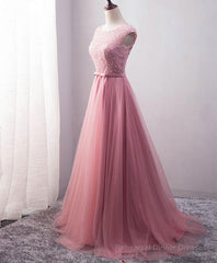 Pink Tulle Long A Line Prom Dress, Pink Evening Dress